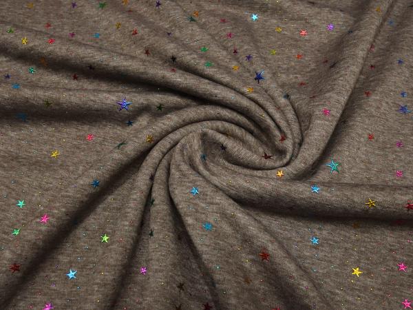 Stoff Alpenfleece Sweatshirtstoff mit Glitzer Sterne Stars Design braun taupé multicolor bunt Kleiderstoff Kinderstoff Hoodiestoff