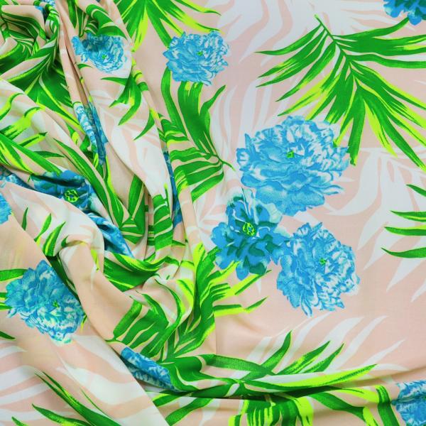 Stoff Blusenstoff Chiffon Crêpe Blumen Palmenblätter grün neongrün blau altrosa Kleiderstoff