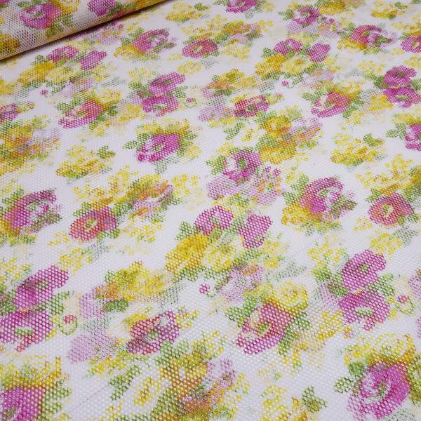 Stoff Stretch Netzstoff mit Blumenmuster Design weiß gelb pink grün Kleiderstoff