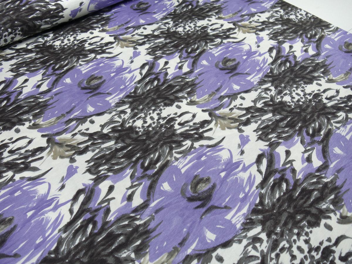 Fabric viscose jersey with flowers abstract design white lilac lavender gray dress fabric