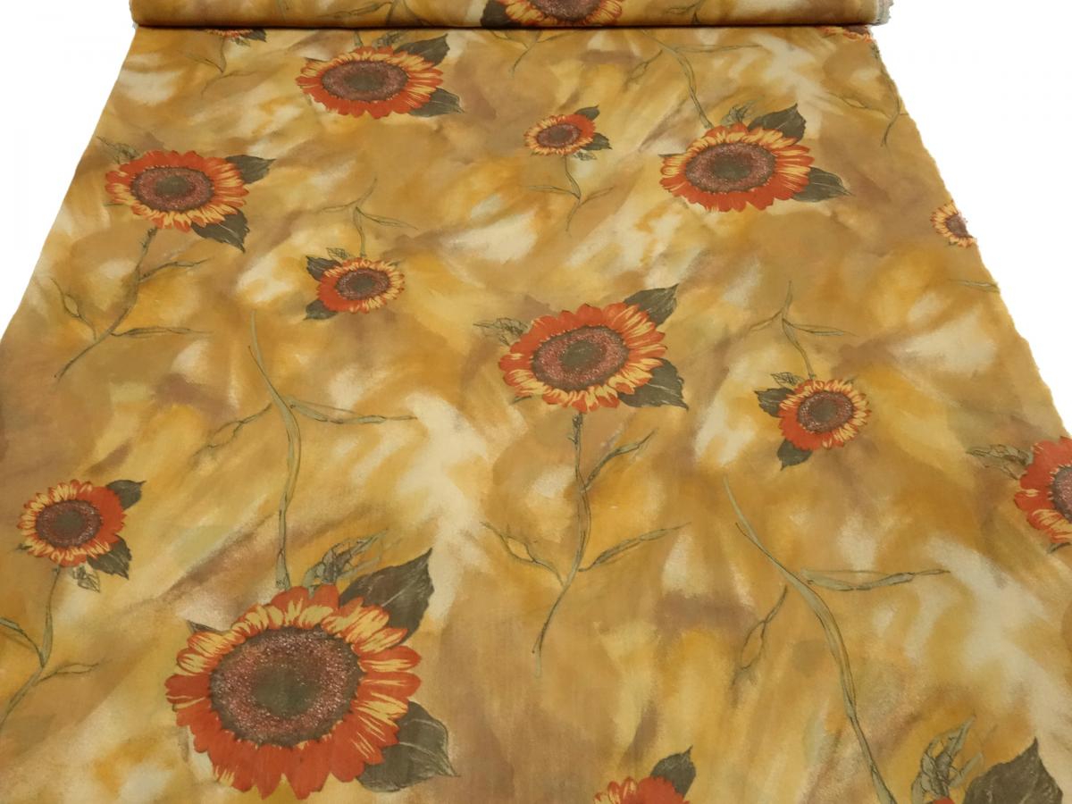 Fabric 100% viscose chiffon georgette with sunflowers floral pattern abstract design ocher brown beige orange colorful blouse fabric dress fabric