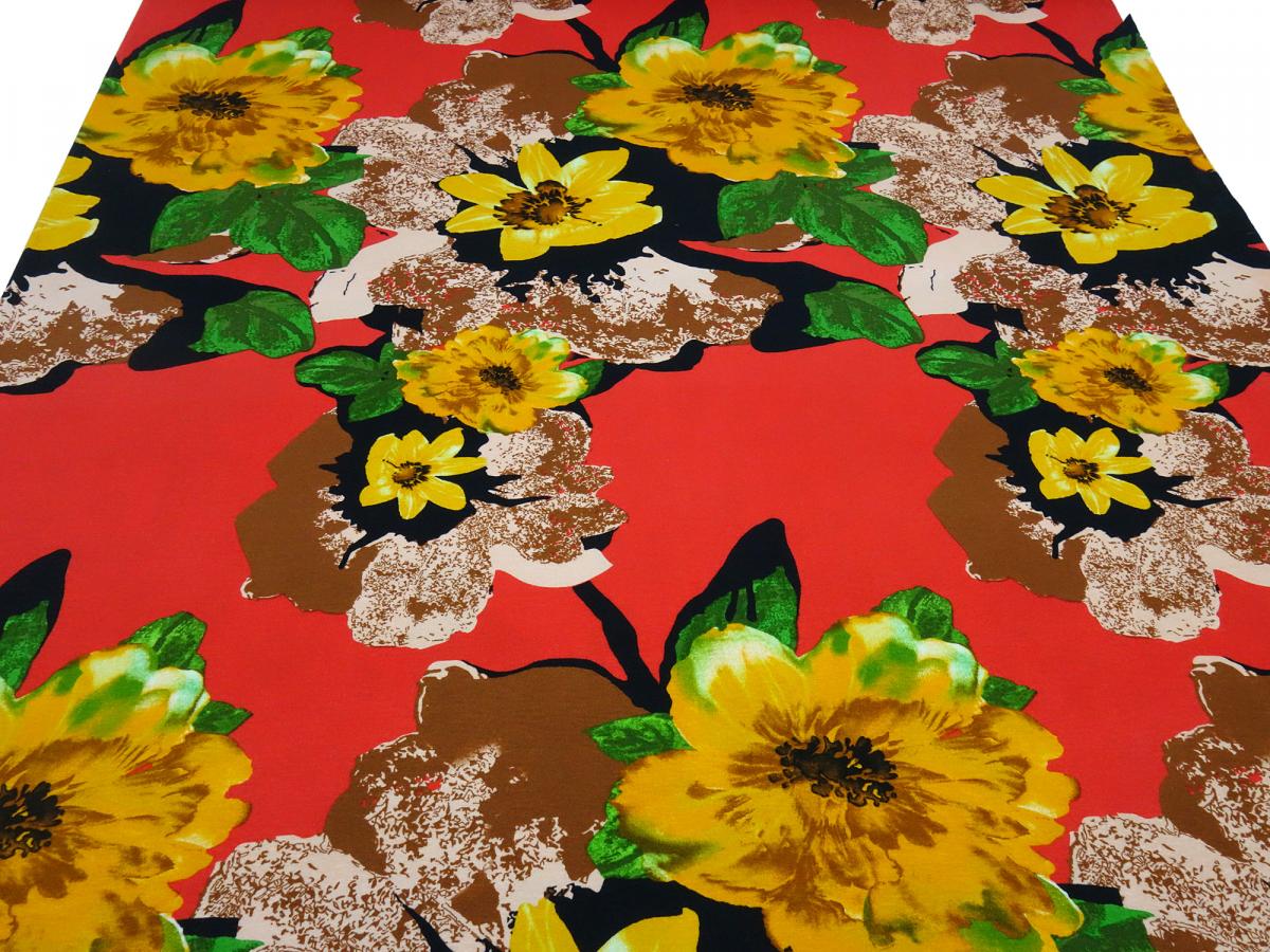 Fabric viscose elastic jersey with flowers blossoms design red brown yellow green black old pink dress fabric