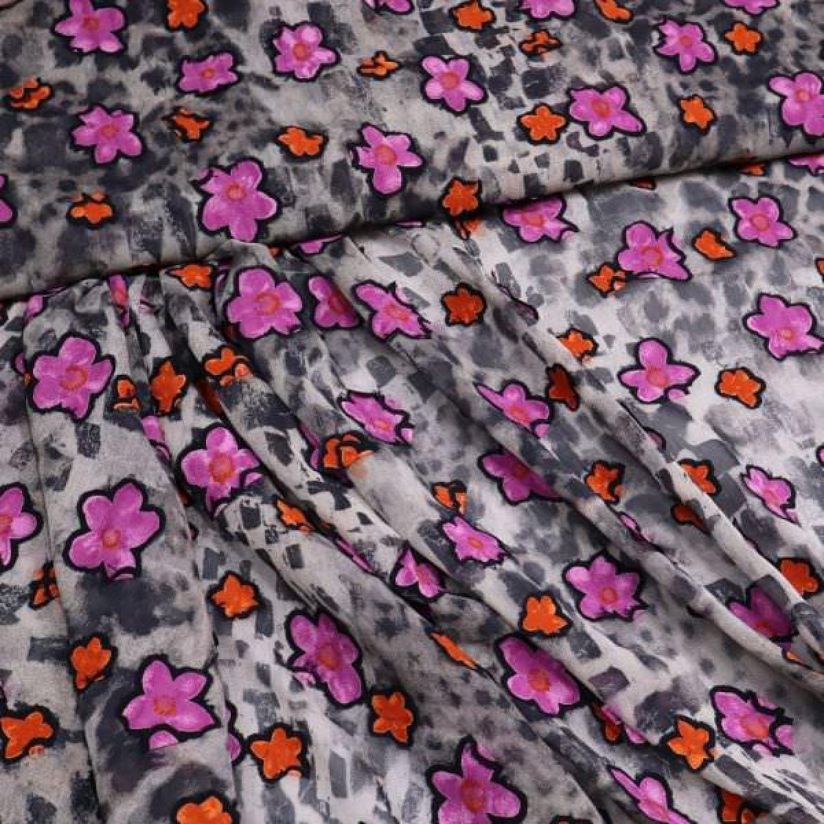 Fabric chiffon with flowers blossoms abstract design gray pink orange dress fabric blouse fabric