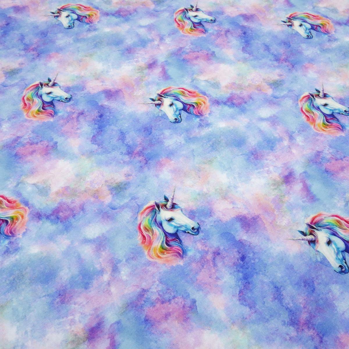 Fabric cotton jersey unicorn batik sky blue turquoise pink white colorful children's fabric dress fabric