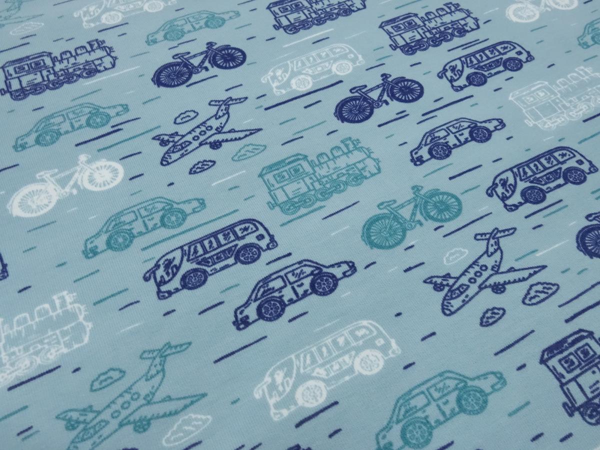 Stoff Baumwolle French Terry Sweatshirtstoff Autos Flugzeuge Eisenbahn Fahrrad Design türkis blau weiß grün Kleiderstoff Kinderstoff