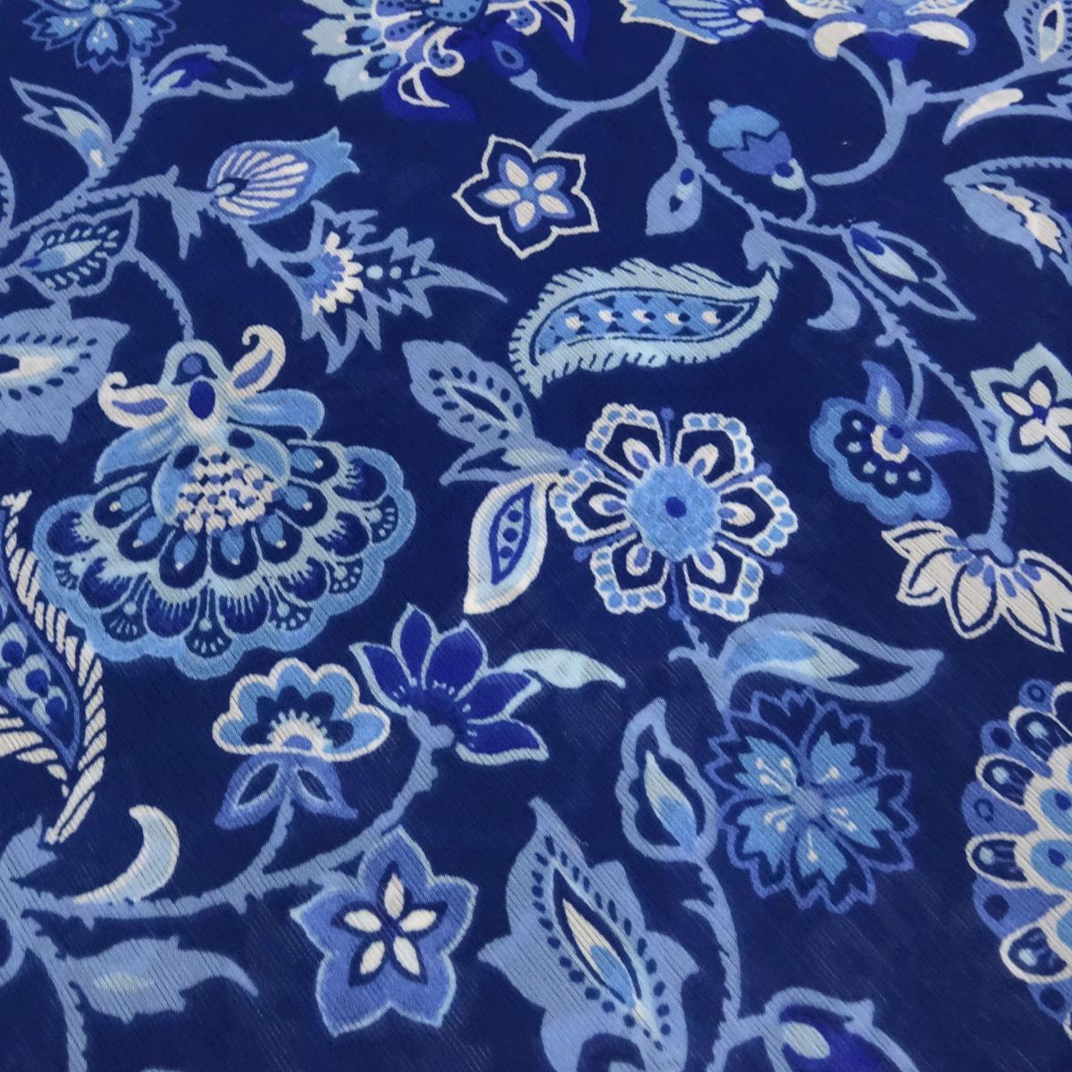 Fabric Yoryu chiffon crinkle floral pattern design blue royal blue white blouse fabric dress fabric