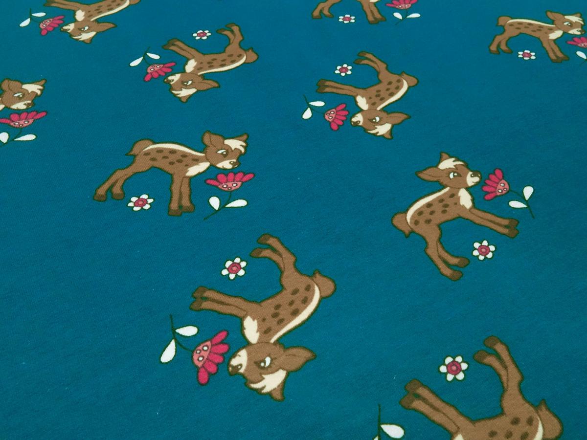 Fabric cotton jersey deer fawn flower design petrol brown red colorful children's fabric dress fabric