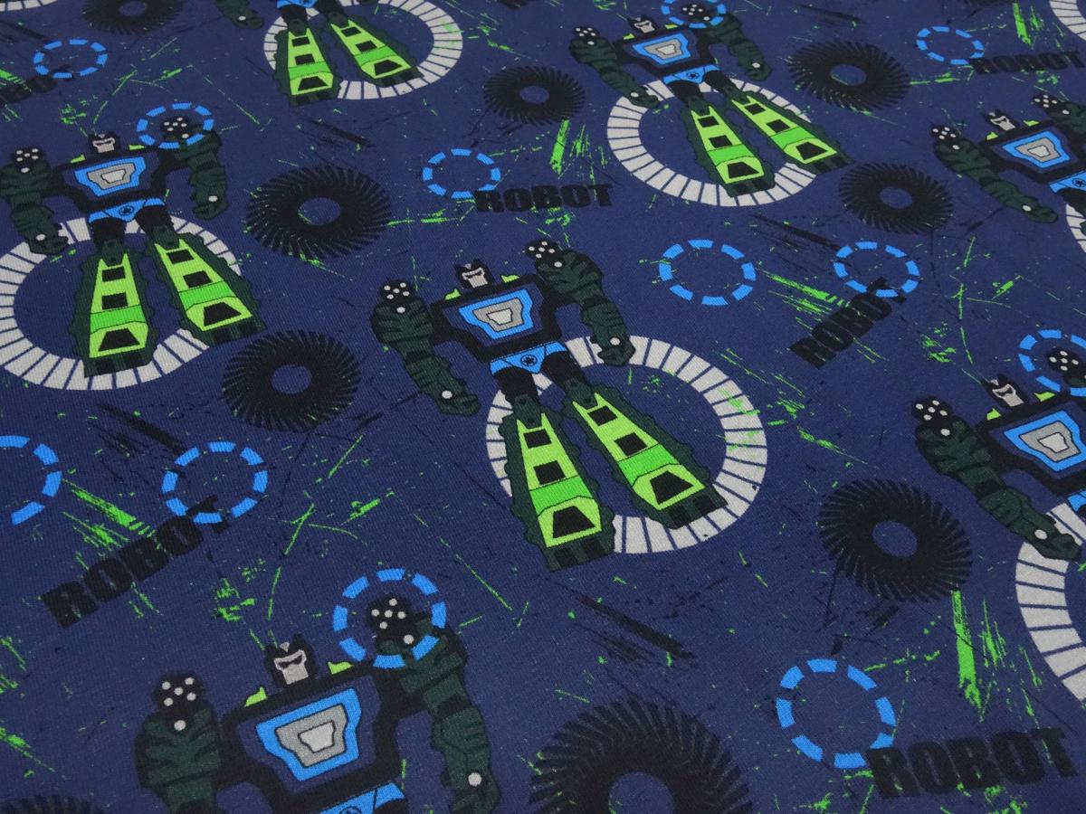 Fabric cotton jersey Robots robots design blue green gray colorful children's fabric dress fabric