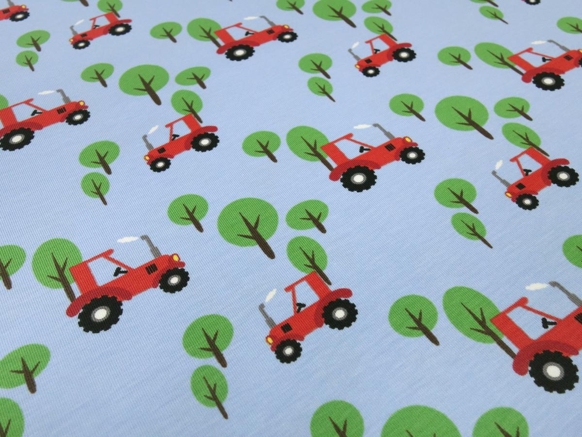 Fabric cotton jersey with tractor design in light blue blue red green colorful children's fabric dress fabric