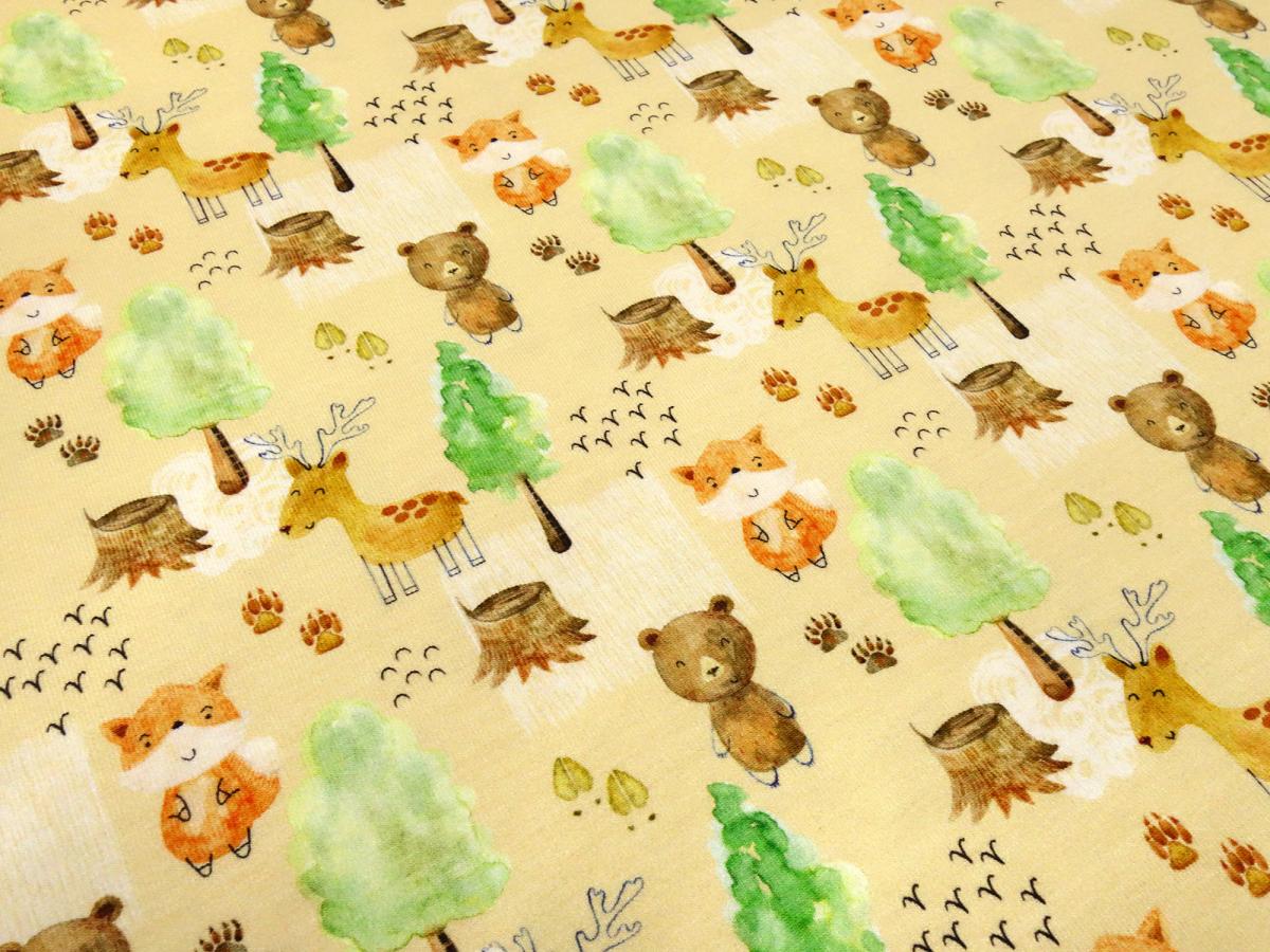 Fabric cotton jersey forest animals bears deer foxes design beige brown orange colorful children's fabric dress fabric