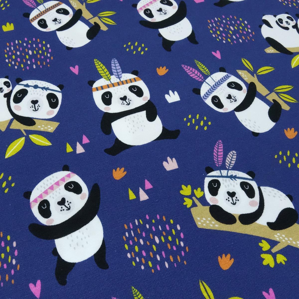 Fabric cotton jersey panda bear design blue white black colorful children's fabric dress fabric