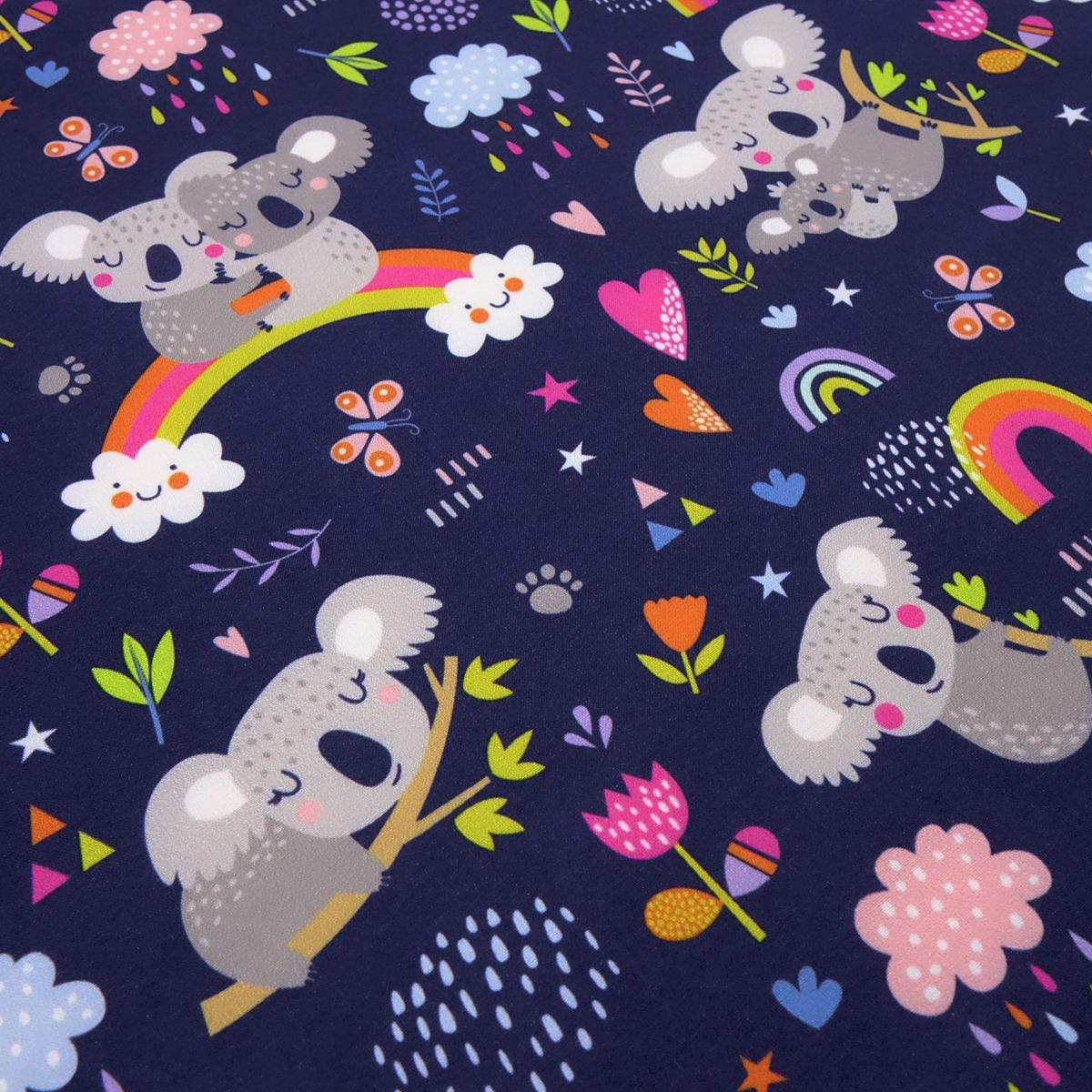 Fabric softshell fabric koala bear rainbow flower design navy blue gray colorful colorful water repellent outdoor fabric jacket fabric coat fabric