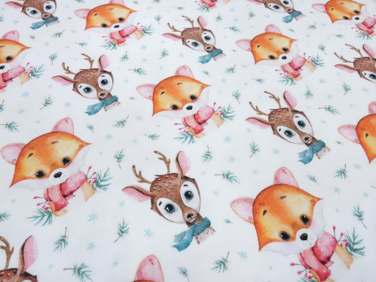 Fabric cotton jersey with winter animals deer foxes design white brown orange green colorful children's fabric dress fabric