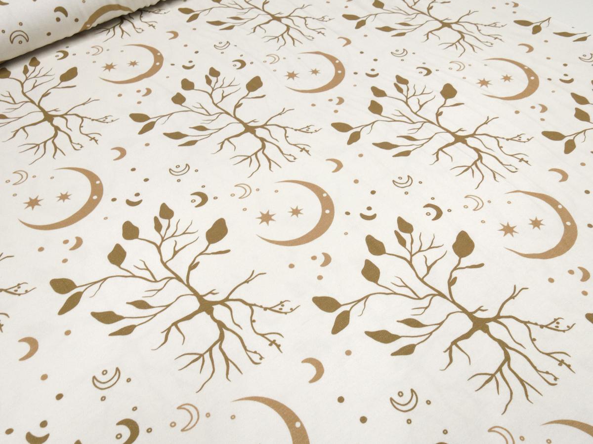 Fabric cotton jersey in boho leaves style trees moon stars design beige sand brown children's fabric dress fabric