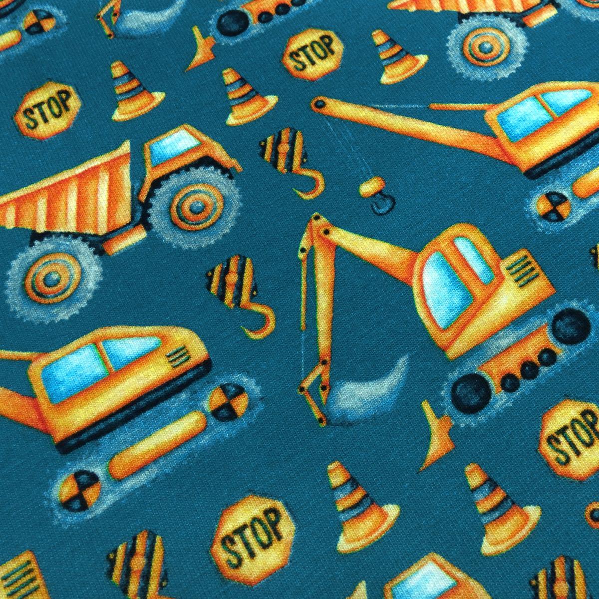 Fabric cotton jersey road construction excavator truck petrol yellow colorful children's fabric dress fabric