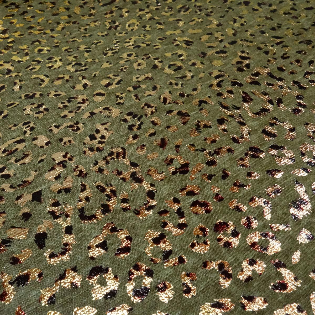 Fabric alpine fleece sweatshirt fabric leo panther glitter foil print design khaki olive gold dress fabric hoodie fabric